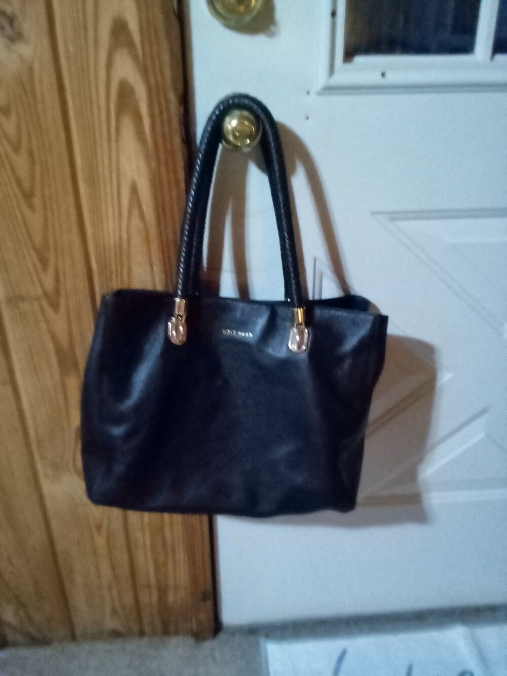 Cole Haan Purse Black Leather Satchel Bag Thick Braided Handles Quiet Luxury
